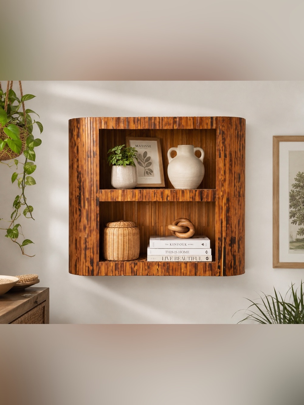 Mid-Century Burnt Bamboo Split Reed Wall Shelf with Rounded Corners, 1960s